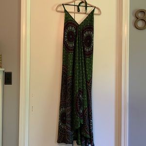 Halter dress with hi-low hem.